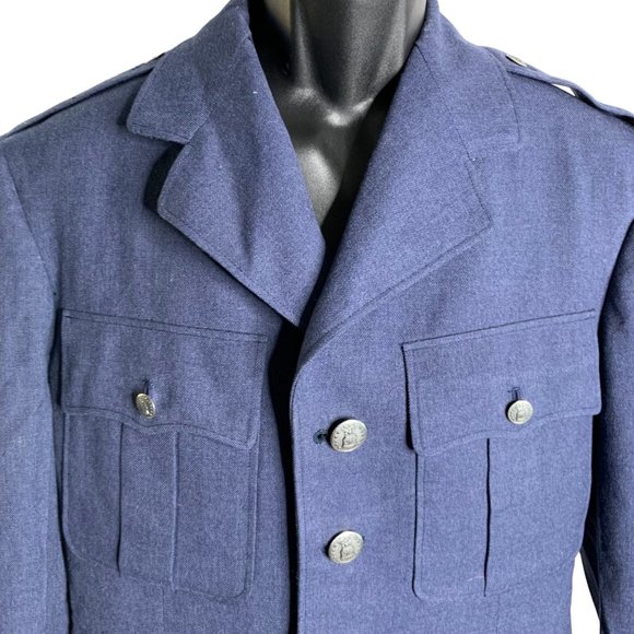 Vintage 50s US Air Force Wool Coat 40L Serge Blue Lined Buttons Pockets Patches - Picture 2 of 16